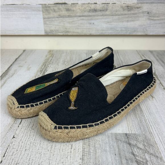 Saludos Womens 7 Black Cheers Champagne Bottle Glass Flats Slip On Espadrille - Picture 2 of 8